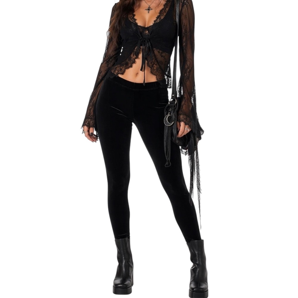 Women's L Black Velvet Leggings High Rise Whimsigoth Velour Witchy Grunge Pants‎